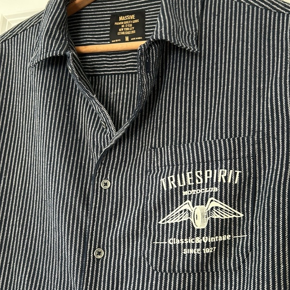 Massive Premium Quality Goods, NYC Navy Blue Striped Shirt w Moto Club Graphics - Picture 5 of 10